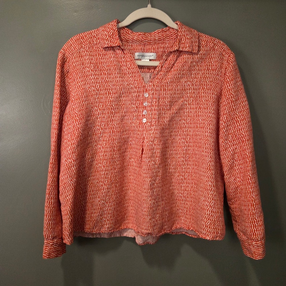 Christopher & Banks Women's Linen Blend Long Sleeve Shirt Size L Roll Tab Sleeve